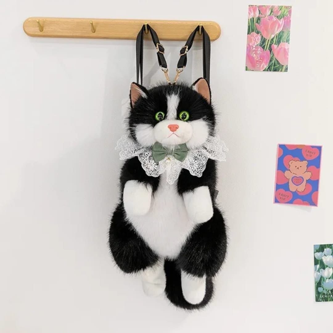 Realistic Cute Cat Plush Backpack for Girls and Kids - Soft Furry Stuffed Animal Shoulder Bag