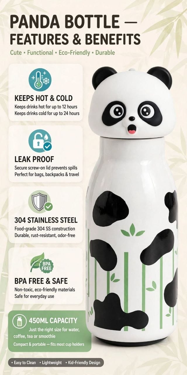 Cute Animal Face Stainless Steel Water Bottle | Insulated Hot & Cold Thermos Flask for Kids & School (450ml)