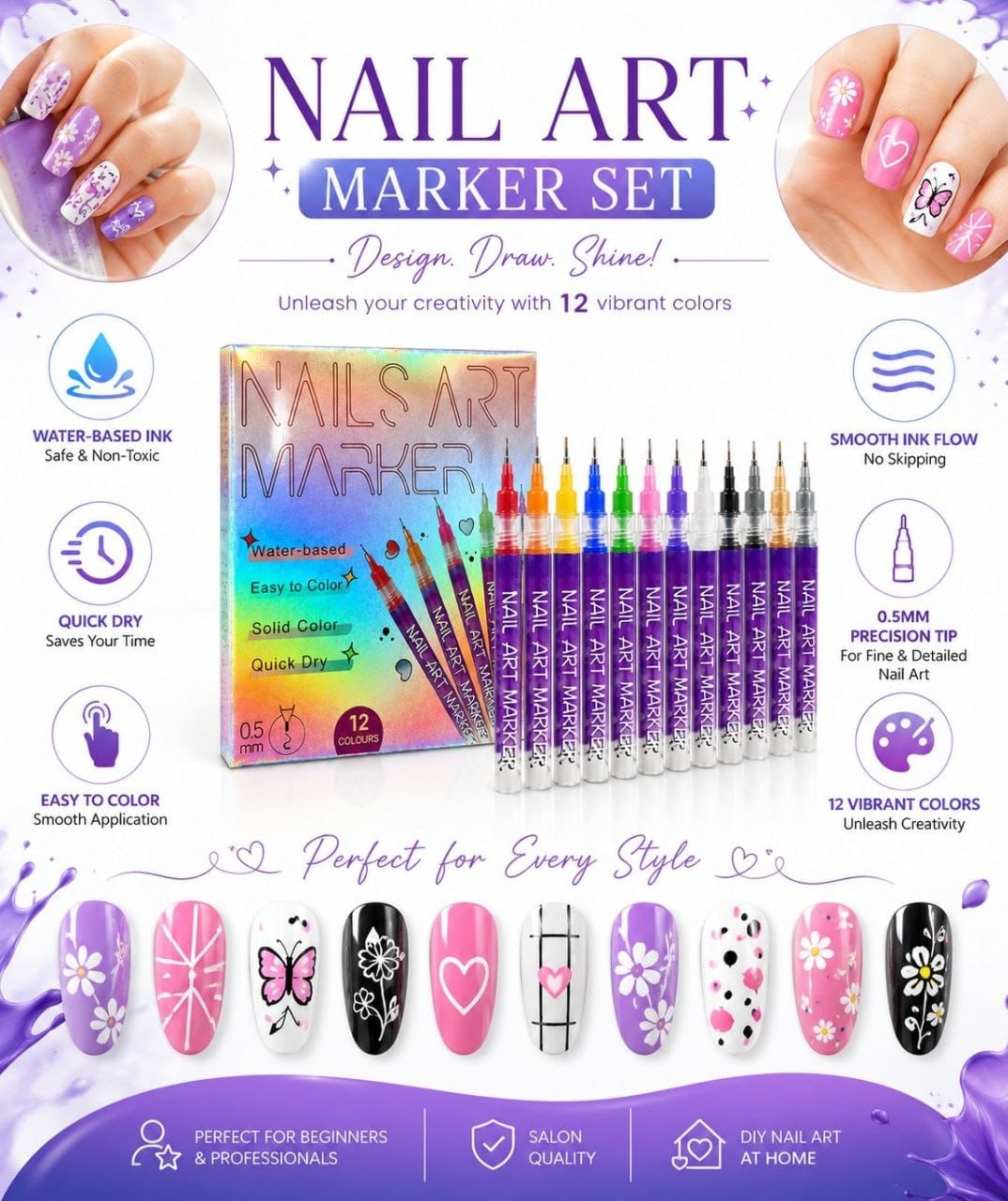Premium 12 Colors Nail Art Marker Pen Set | 0.5mm Fine Tip Waterproof Quick Dry Nail Paint Pen for DIY Manicure, Freehand Flowers & Lines (Set of 12 Pack)