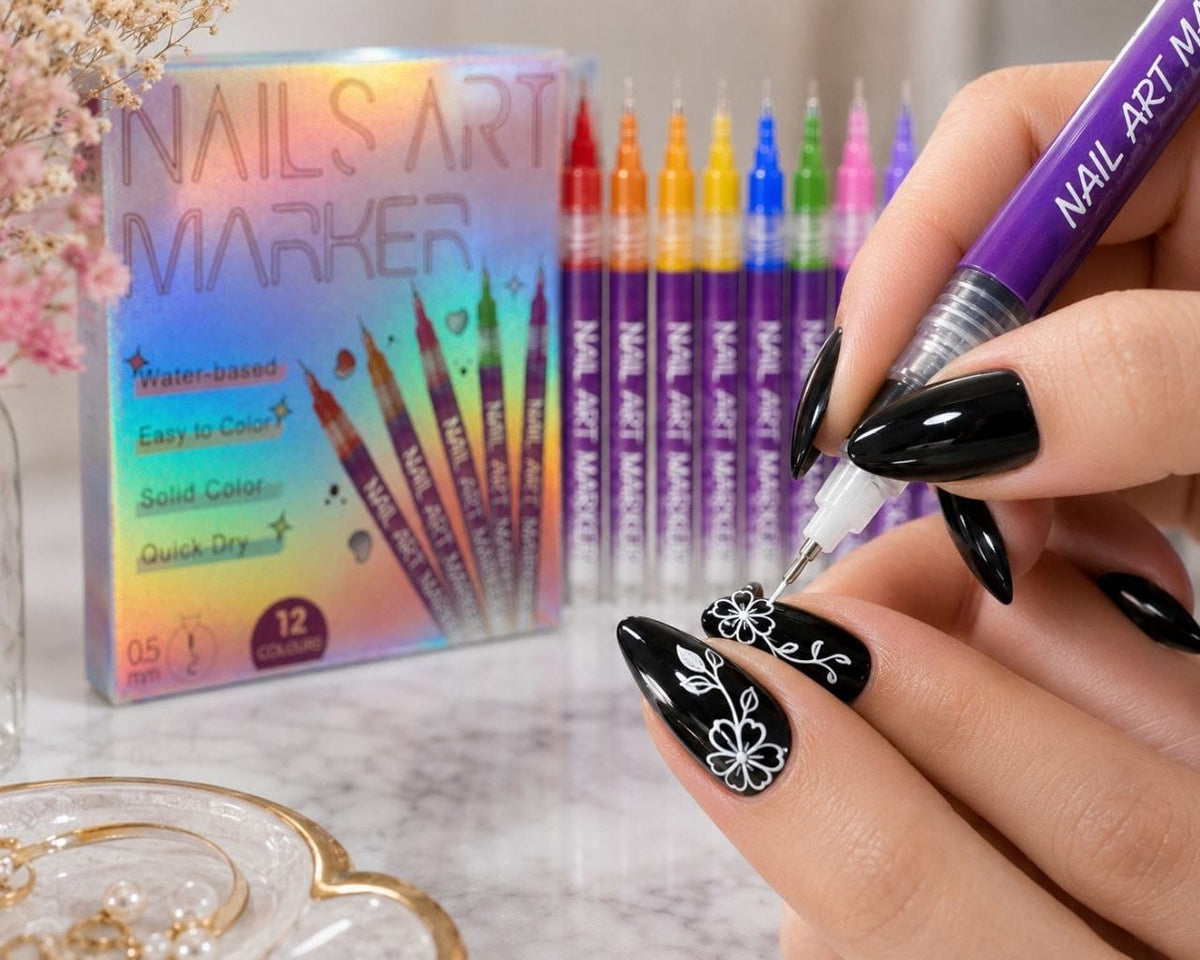 Premium 12 Colors Nail Art Marker Pen Set | 0.5mm Fine Tip Waterproof Quick Dry Nail Paint Pen for DIY Manicure, Freehand Flowers & Lines (Set of 12 Pack)