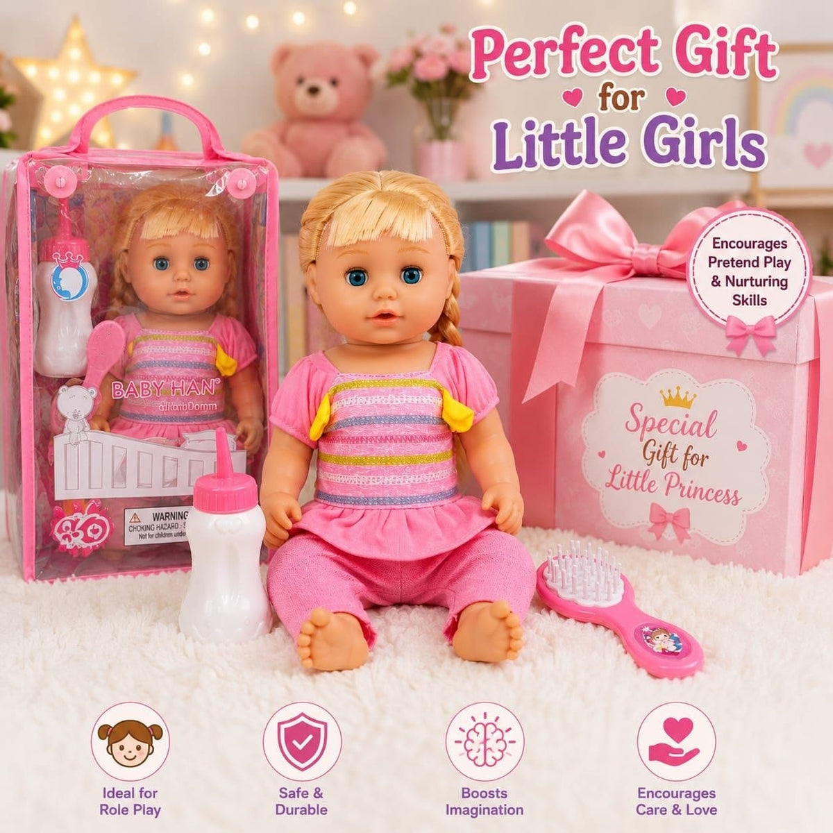 Premium Realistic Baby Doll Toy Set for Girls – Cute Soft Styling Doll with Long Braided Hair, Feeding Bottle, and Hair Brush Accessories (30 cm)
