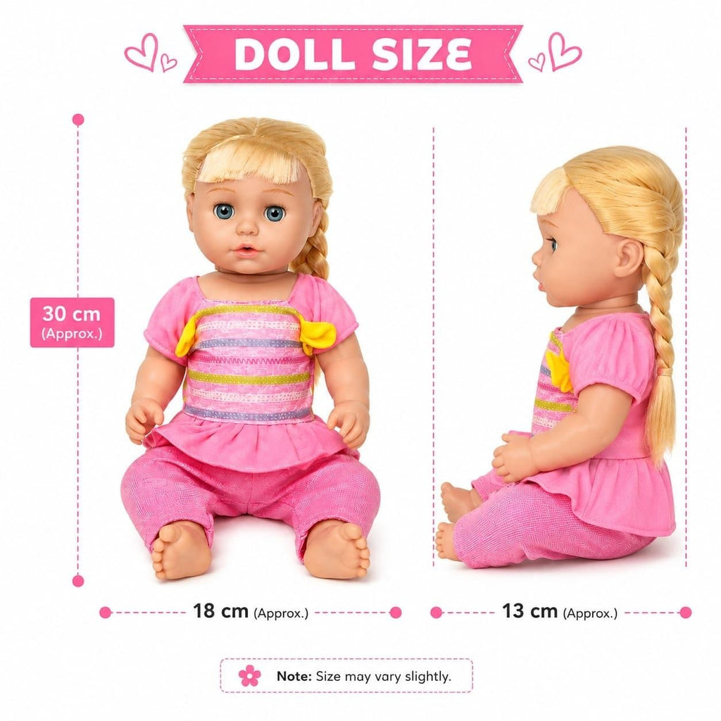 Premium Realistic Baby Doll Toy Set for Girls – Cute Soft Styling Doll with Long Braided Hair, Feeding Bottle, and Hair Brush Accessories (30 cm)