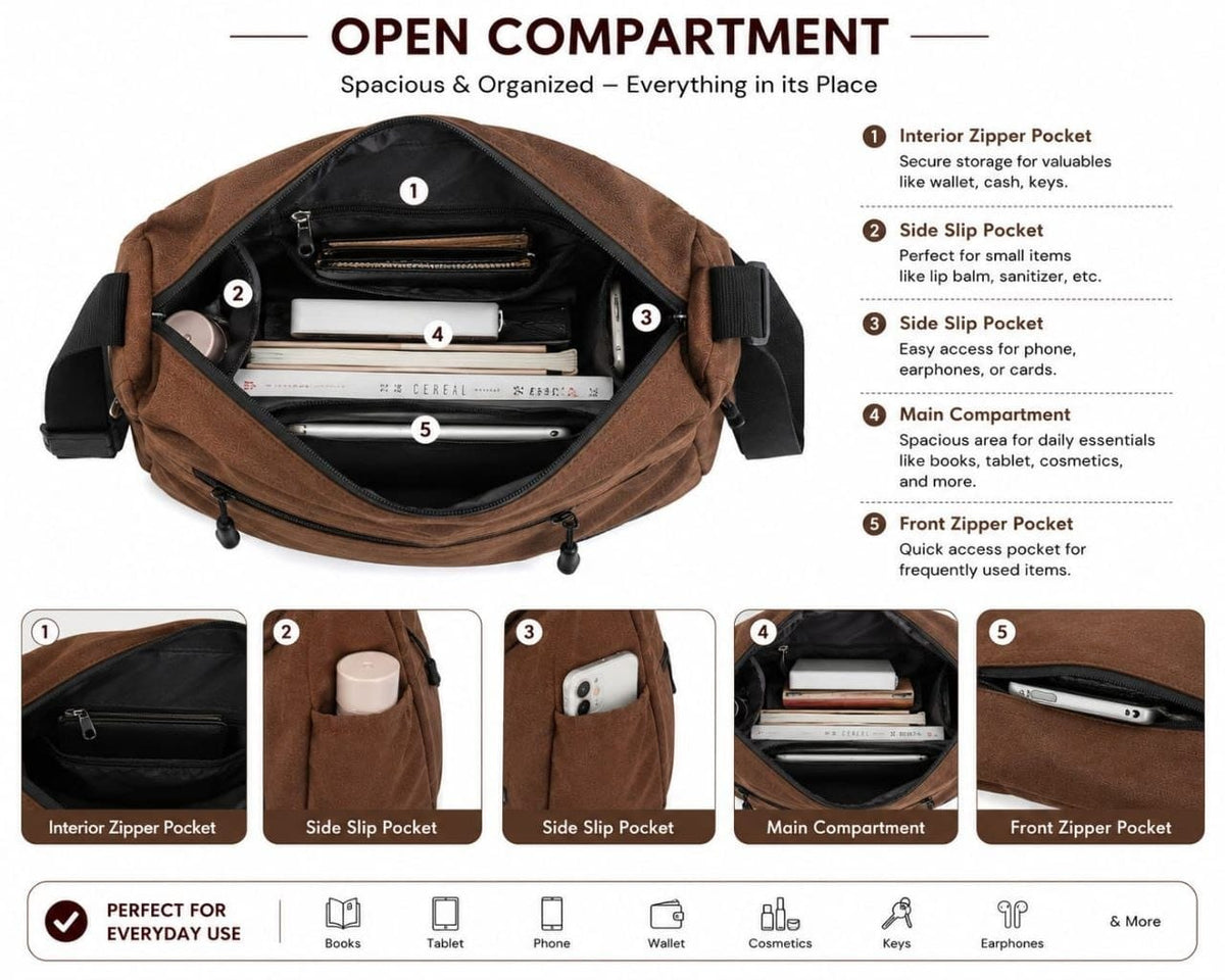Premium Waterproof Sling Bag for Men & Women | Multi-Pocket Crossbody Messenger Bag with Adjustable Shoulder Strap for Travel, Office & Daily Use