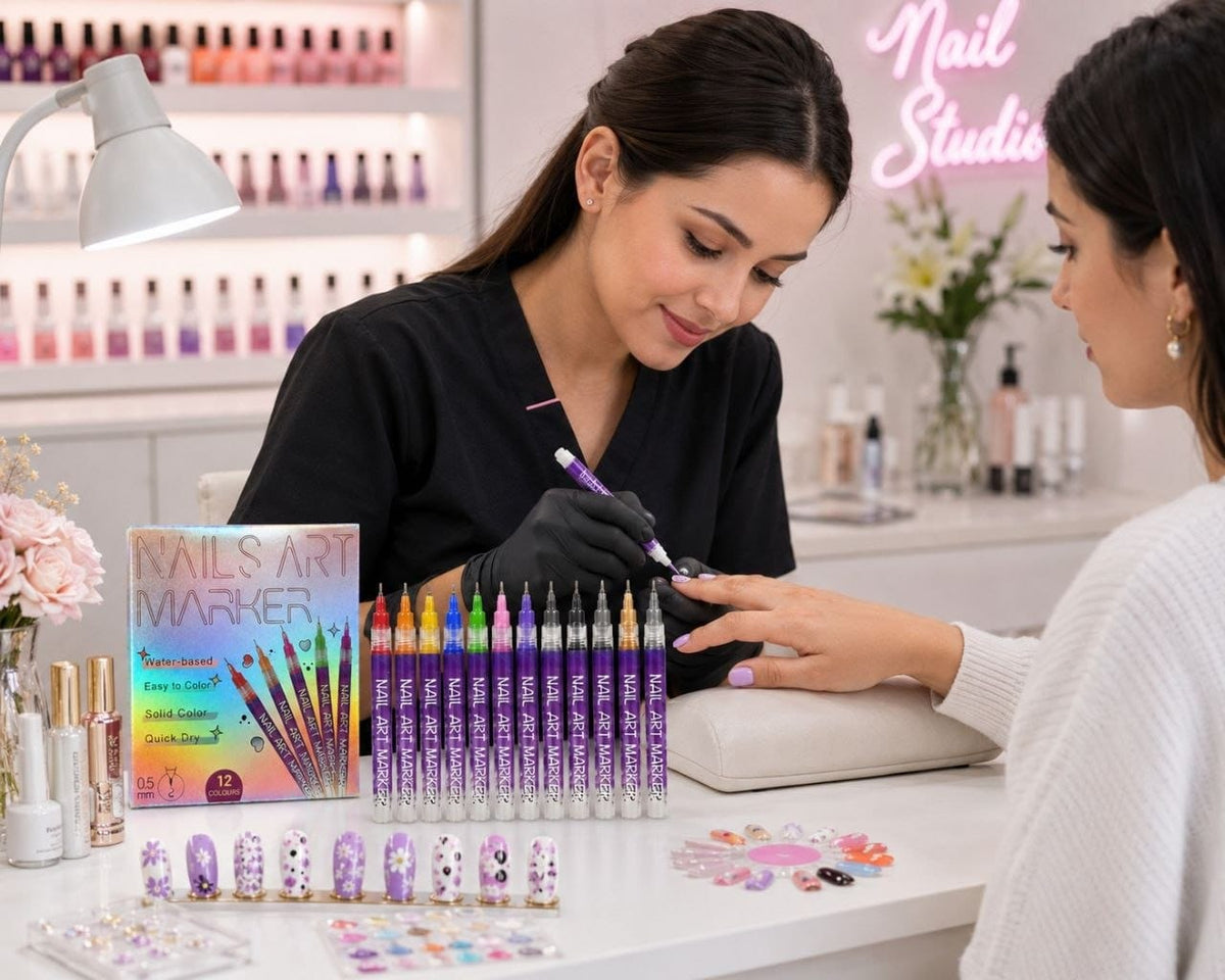 Premium 12 Colors Nail Art Marker Pen Set | 0.5mm Fine Tip Waterproof Quick Dry Nail Paint Pen for DIY Manicure, Freehand Flowers & Lines (Set of 12 Pack)