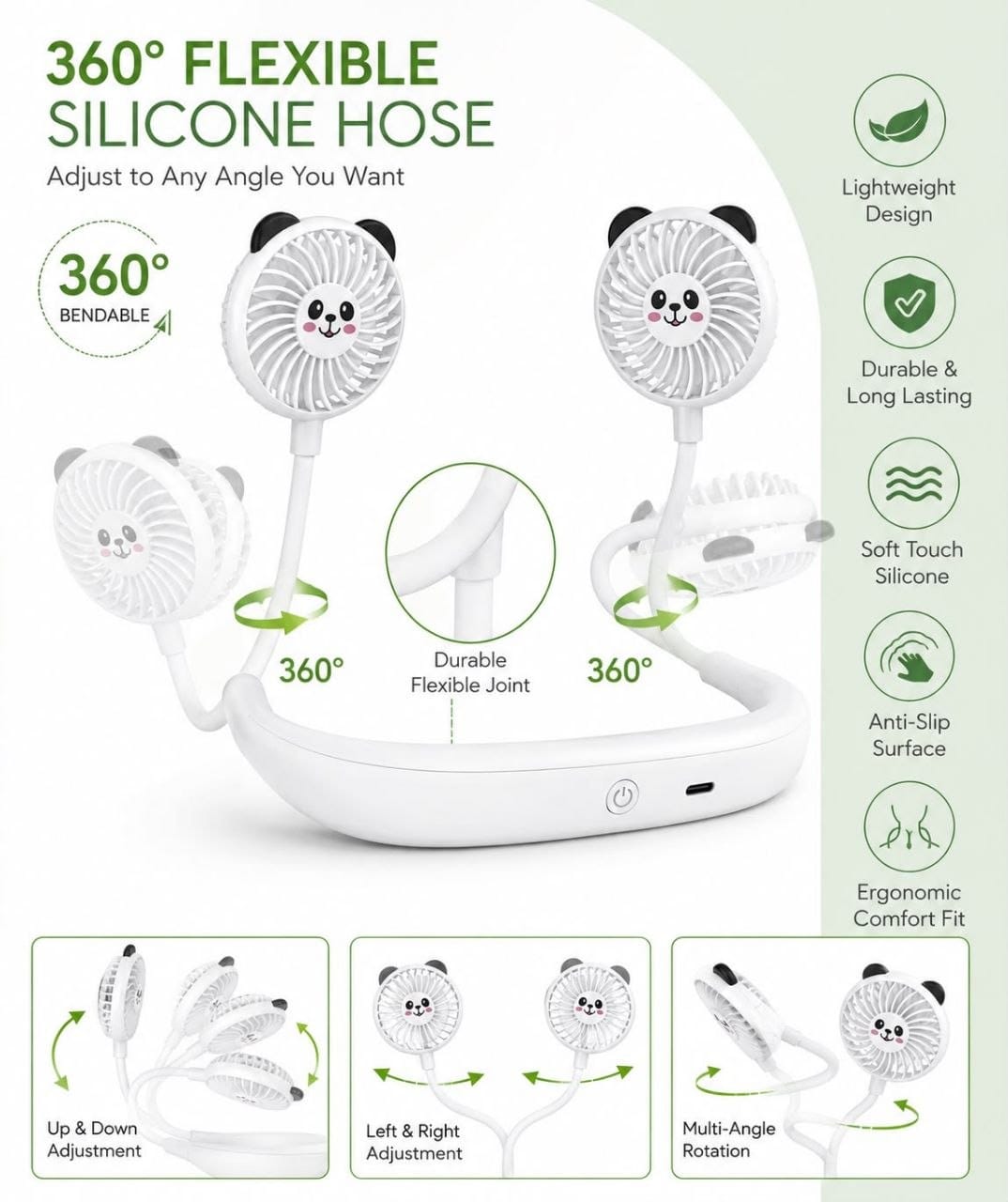 Premium Portable Neck Fan | 2000mAh Rechargeable USB Type-C Lazy Fan with 360° Flexible Silicone Hose, 3-Speed Dual Brushless Motor Cooling for Travel & Outdoor