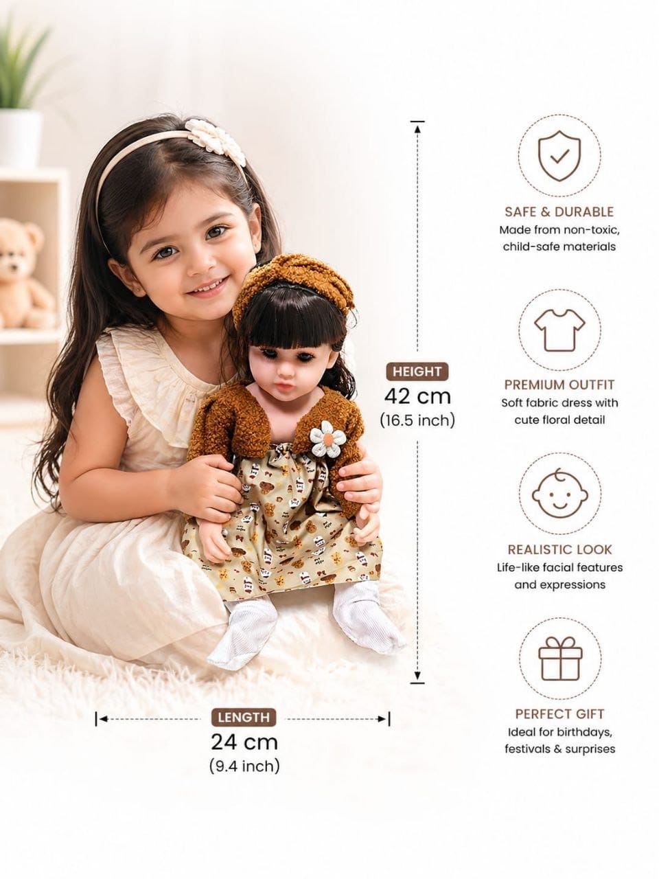 Premium Realistic Reborn Baby Doll Set with Accessories | 38 cm Life-Like Soft Cuddly Play Doll with Feeding Bottle, Pacifier & Diaper for Kids Girls (Ages 3+ Years)