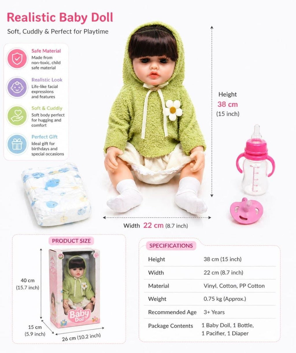 Premium Realistic Reborn Baby Doll Set with Accessories | 38 cm Life-Like Soft Cuddly Play Doll with Feeding Bottle, Pacifier & Diaper for Kids Girls (Ages 3+ Years)