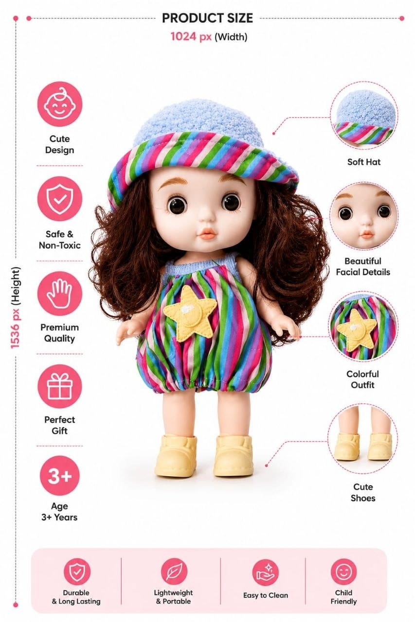 Premium Realistic Cute Baby Girl Doll with Soft Hat & Colorful Dress | Washable Non-Toxic Soft Toy Play Doll Figures for Kids (Ages 3+ Years)