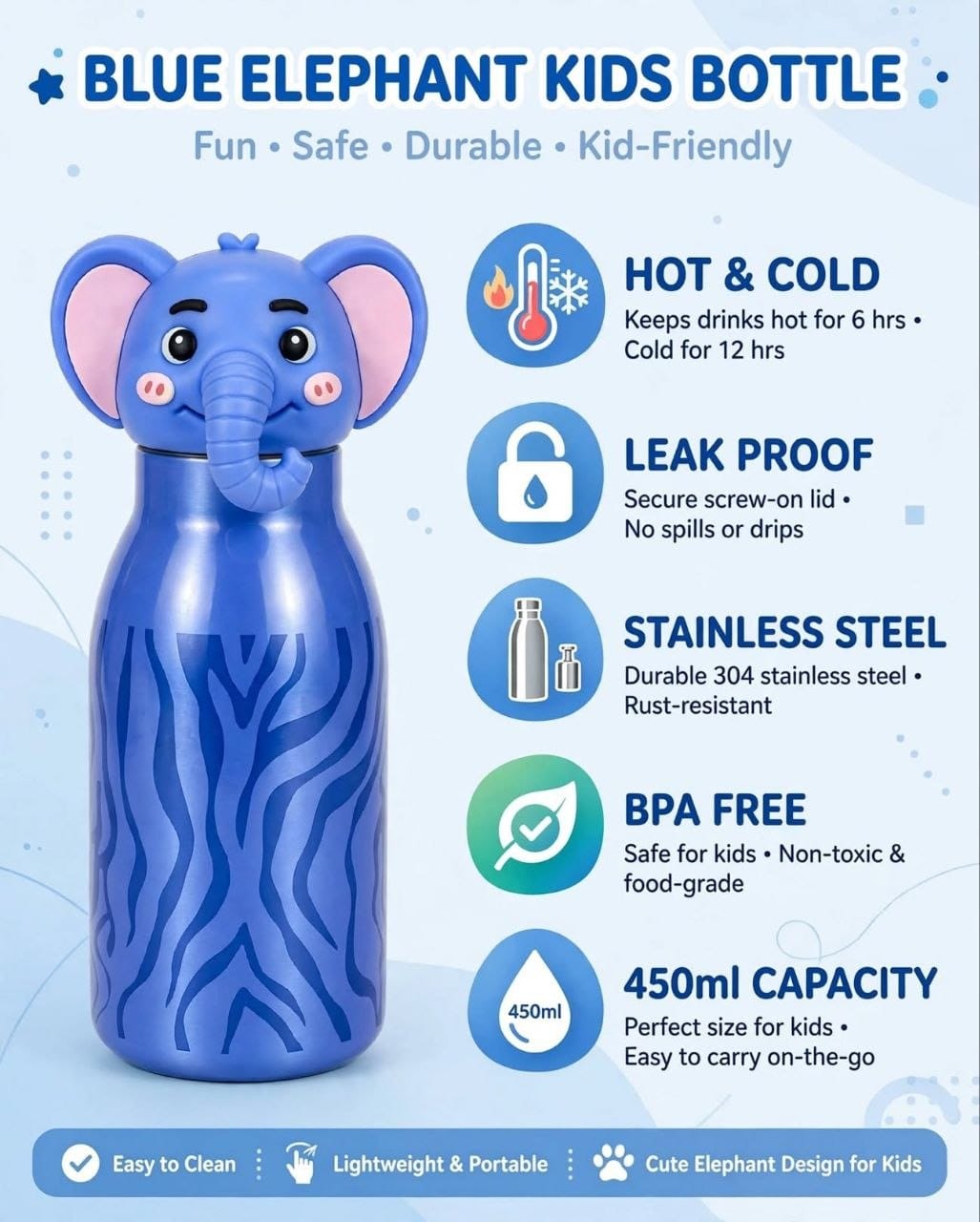 Cute Cartoon Face Stainless Steel Water Bottle | Insulated Hot & Cold Thermos Flask for Kids & School 400ml