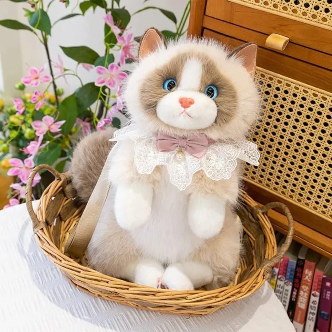 Soft Furry Stuffed Animal Shoulder Bag-Realistic Cute Cat Plush Backpack for Girls and Kids