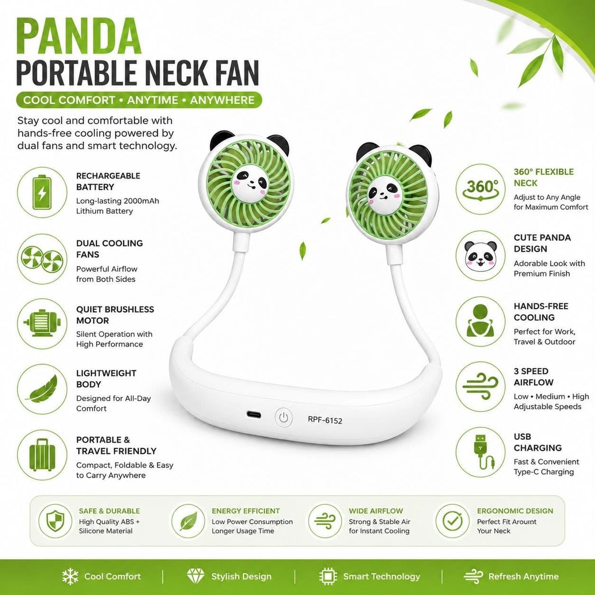 Premium Portable Neck Fan | 2000mAh Rechargeable USB Type-C Lazy Fan with 360° Flexible Silicone Hose, 3-Speed Dual Brushless Motor Cooling for Travel & Outdoor