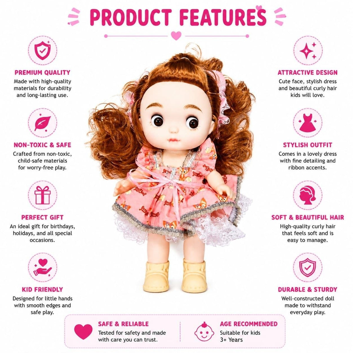 Premium Realistic Cute Baby Girl Doll with Soft Hat & Colorful Dress | Washable Non-Toxic Soft Toy Play Doll Figures for Kids (Ages 3+ Years)