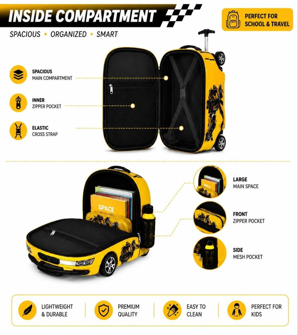 Kids Ride-On Suitcase | 3D Car Shape Hard Shell Luggage Trolley Bag for Kids with Adjustable Telescopic Handle & Smooth Rolling Wheels with backpack