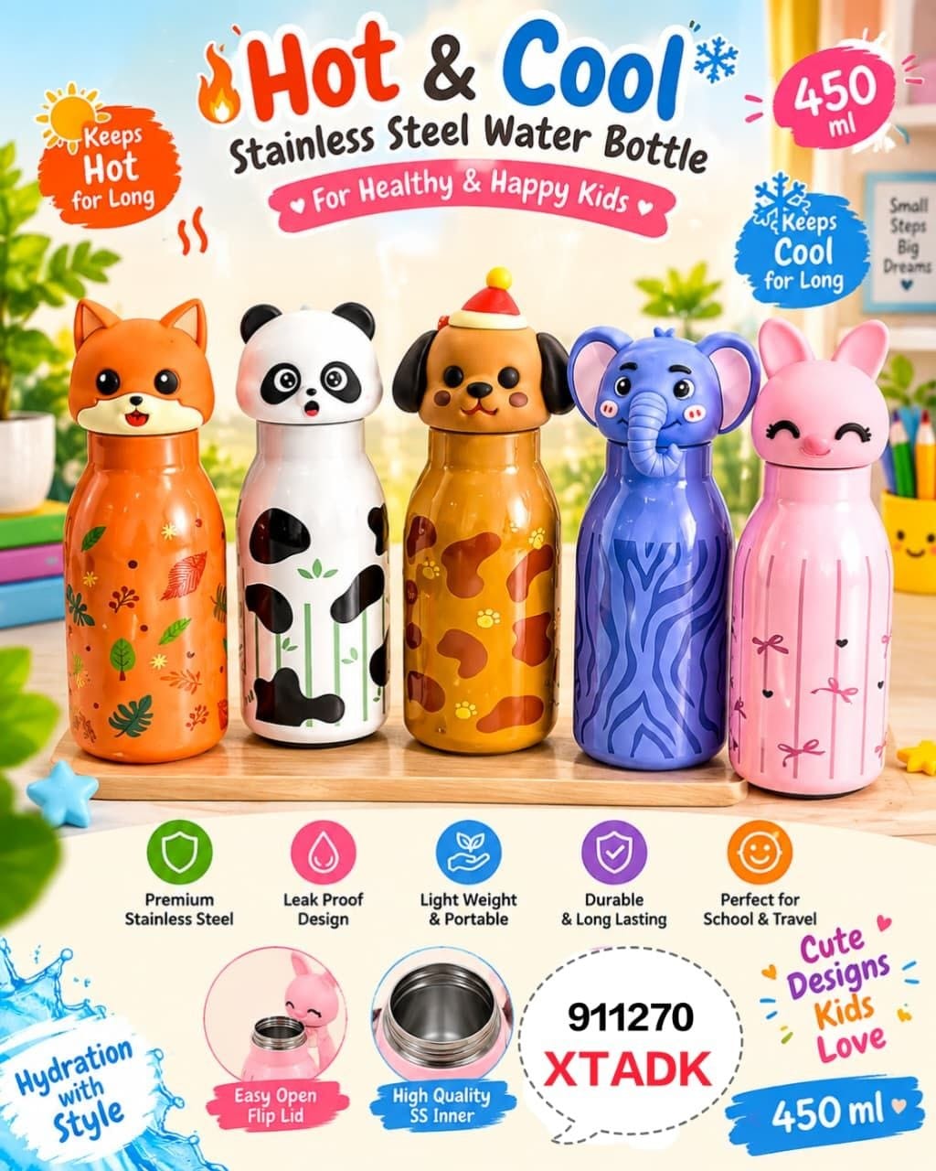 Cute Cartoon Face Stainless Steel Water Bottle | Insulated Hot & Cold Thermos Flask for Kids & School 400ml