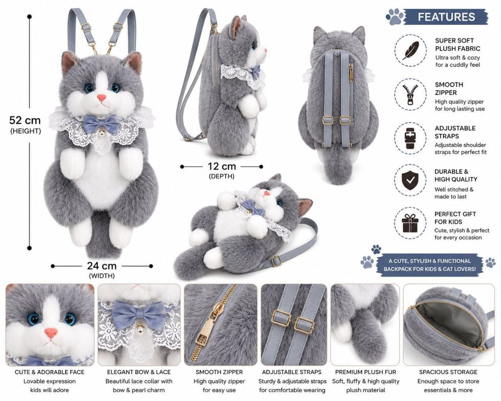 Realistic Cute Cat Plush Backpack for Girls and Kids - Soft Furry Stuffed Animal Shoulder Bag