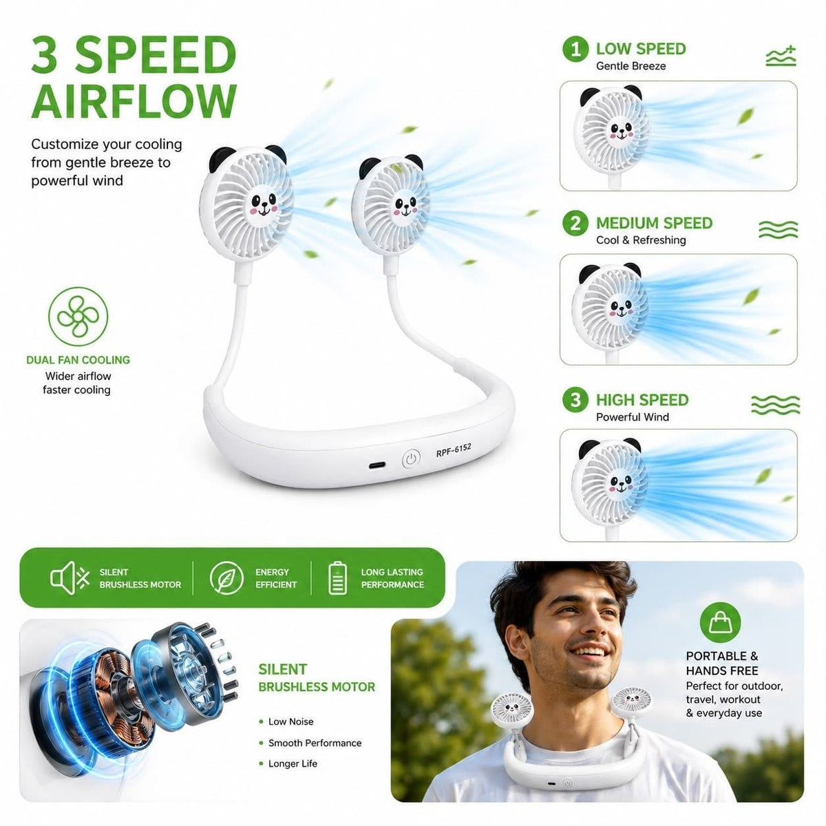 Premium Portable Neck Fan | 2000mAh Rechargeable USB Type-C Lazy Fan with 360° Flexible Silicone Hose, 3-Speed Dual Brushless Motor Cooling for Travel & Outdoor