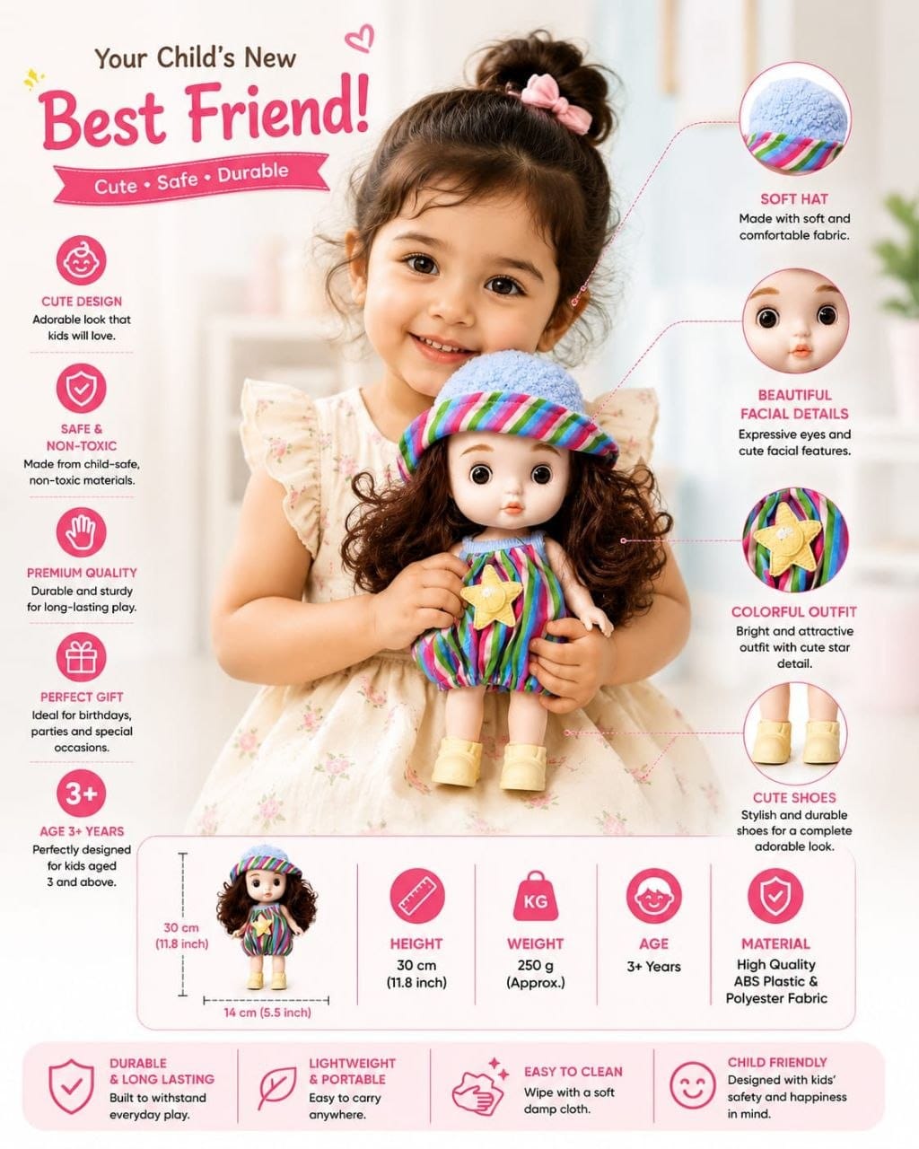 Premium Realistic Cute Baby Girl Doll with Soft Hat & Colorful Dress | Washable Non-Toxic Soft Toy Play Doll Figures for Kids (Ages 3+ Years)
