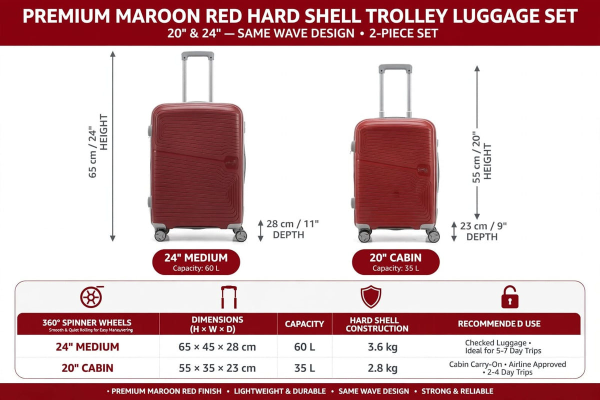 Premium Hard Shell Travel Luggage Trolley Bags Combo Set of 2 with 360° Spinner Wheels & TSA Lock (20 Inch + 24 Inch)