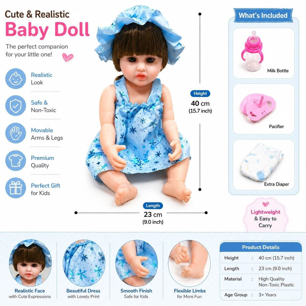 Premium Realistic Cute Baby Girl Doll with Soft Hat & Colorful Dress | Washable Non-Toxic Soft Toy Play Doll Figures for Kids (Ages 3+ Years)