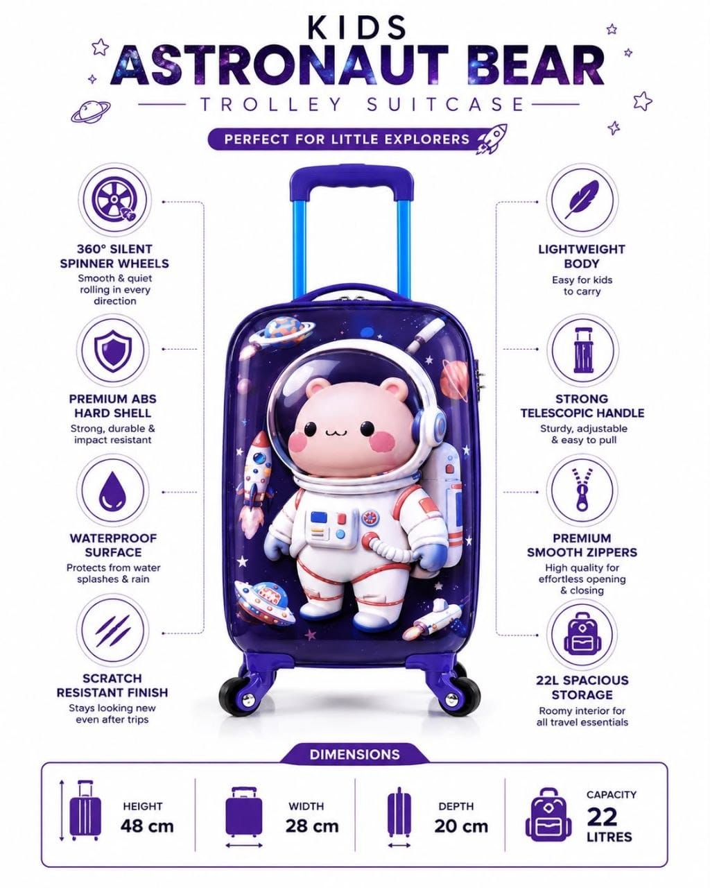Kids 3D Space Astronaut Trolley Bag | 22L Premium Hardshell Cabin Suitcase with 360° Spinner Wheels for Boys & Girls (48 cm)
