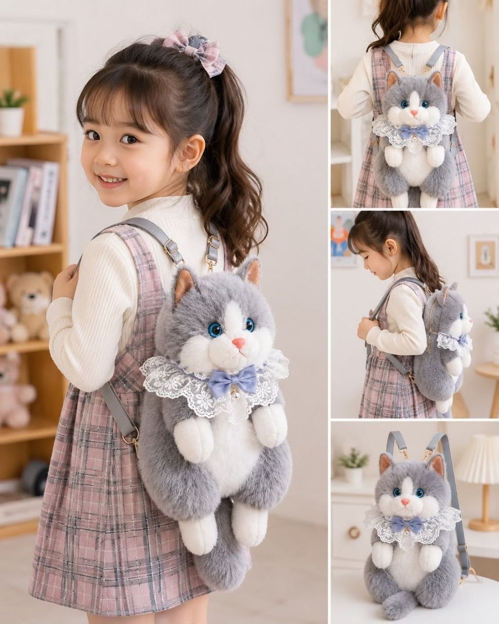 Realistic Cute Cat Plush Backpack for Girls and Kids - Soft Furry Stuffed Animal Shoulder Bag