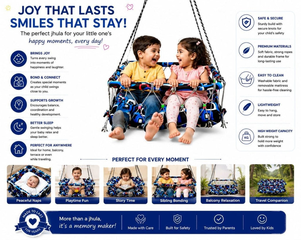 Premium Kids Hanging Jhula with Removable Mattress | Washable Fabric Cotton Swing for Babies 0-24 Months | Heavy Duty Baby Cradle with Safety Net & 20kg Weight Capacity