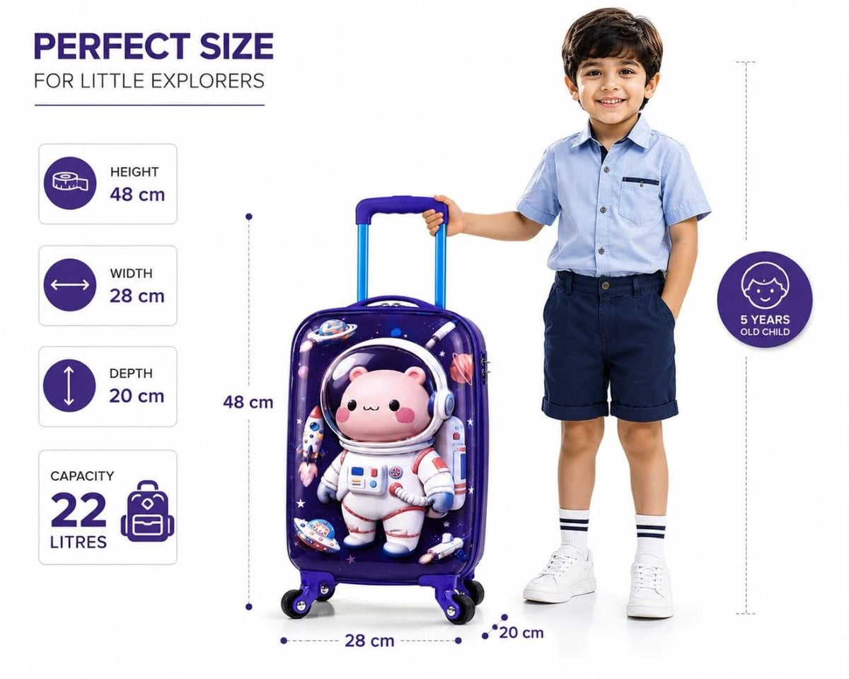 Kids 3D Space Astronaut Trolley Bag | 22L Premium Hardshell Cabin Suitcase with 360° Spinner Wheels for Boys & Girls (48 cm)