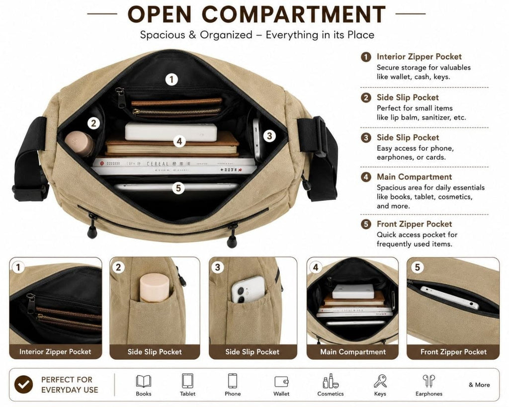 Premium Waterproof Sling Bag for Men & Women | Multi-Pocket Crossbody Messenger Bag with Adjustable Shoulder Strap for Travel, Office & Daily Use