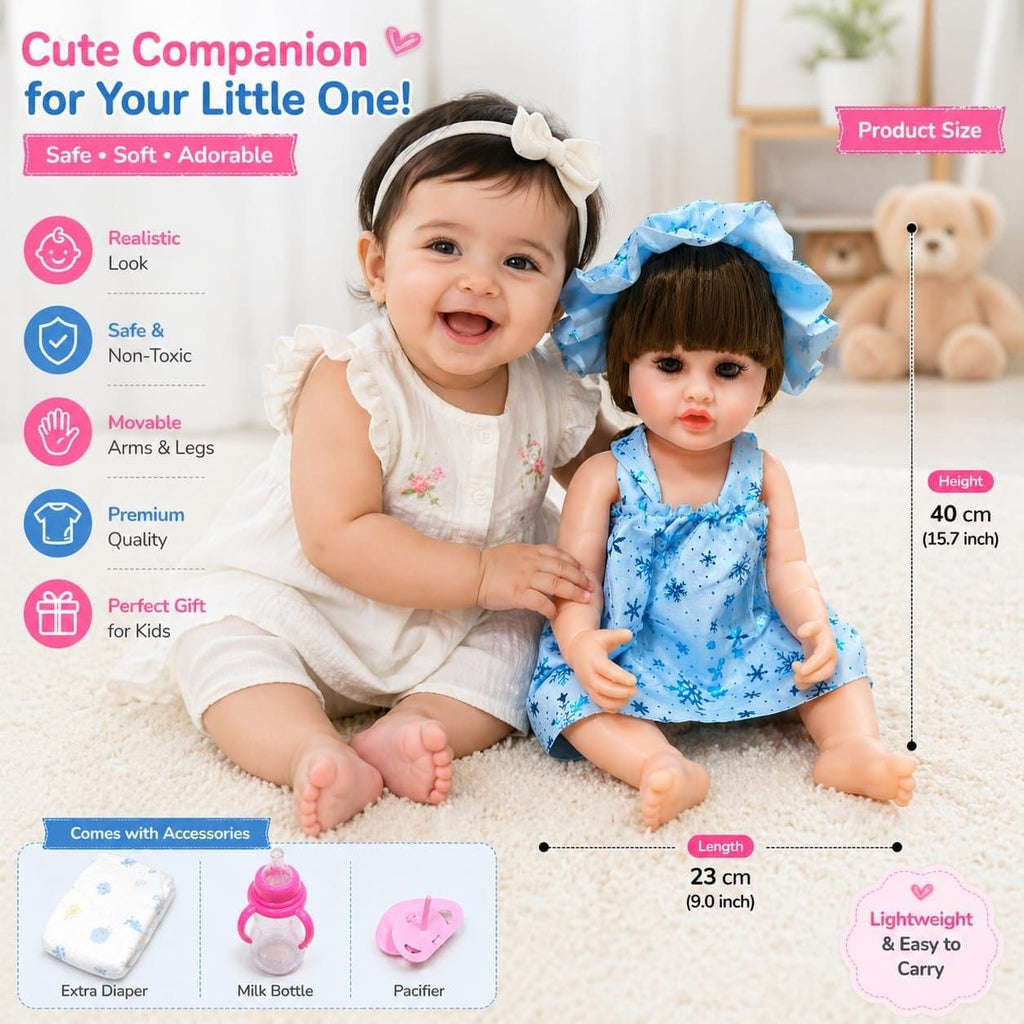 Premium Realistic Cute Baby Girl Doll with Soft Hat & Colorful Dress | Washable Non-Toxic Soft Toy Play Doll Figures for Kids (Ages 3+ Years)