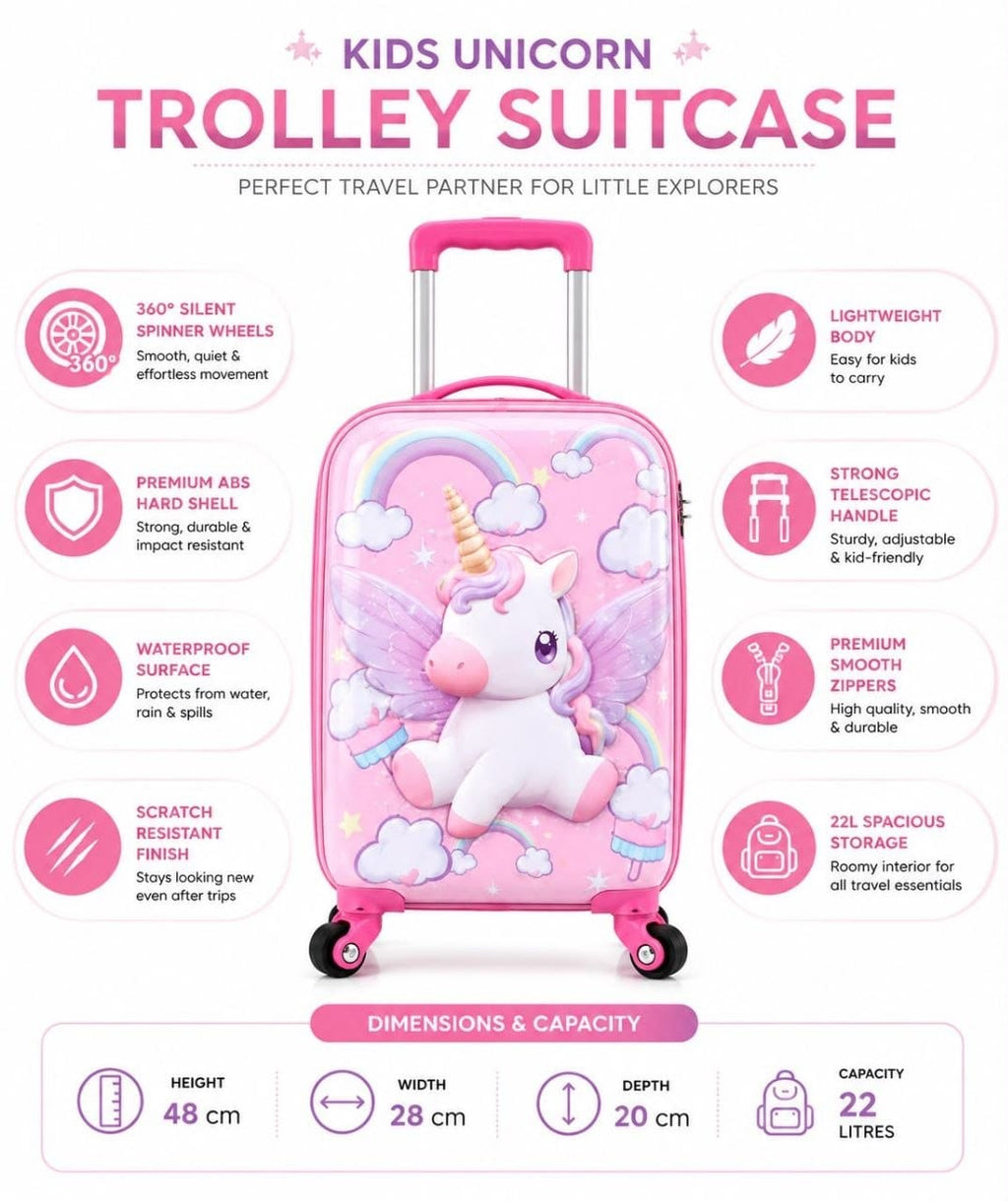 Premium Kids 3D Rainbow Unicorn Trolley Bag | 22L Hardshell Cabin Suitcase with 360° Spinner Wheels for Girls & Boys (48 cm, Pink)