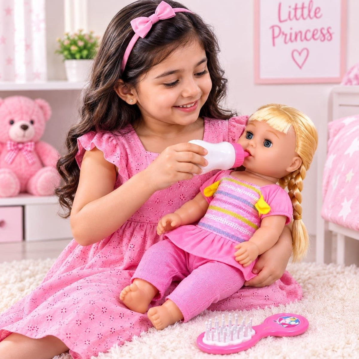 Premium Realistic Baby Doll Toy Set for Girls – Cute Soft Styling Doll with Long Braided Hair, Feeding Bottle, and Hair Brush Accessories (30 cm)
