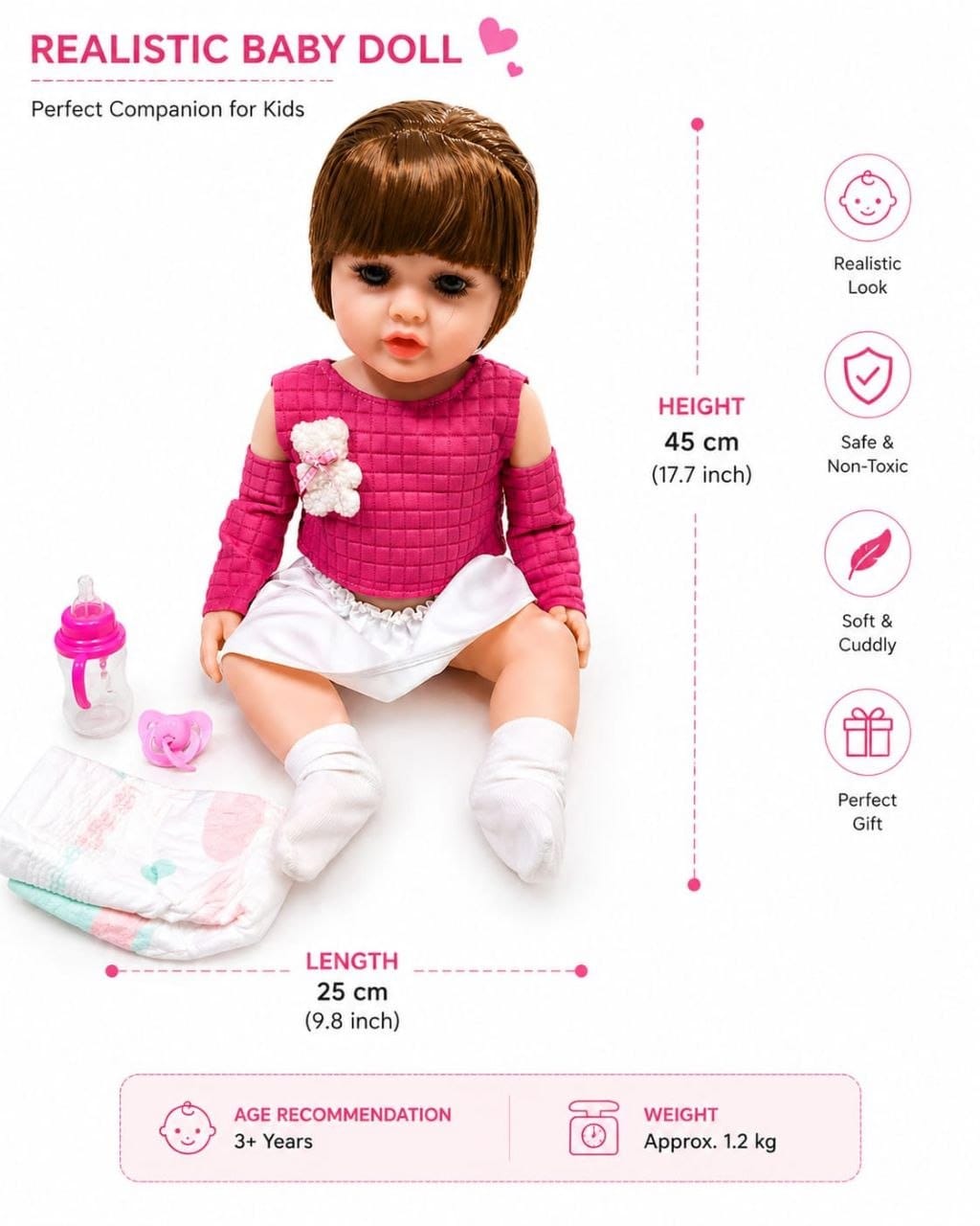 Premium Realistic Reborn Baby Doll Set with Accessories | 38 cm Life-Like Soft Cuddly Play Doll with Feeding Bottle, Pacifier & Diaper for Kids Girls (Ages 3+ Years)