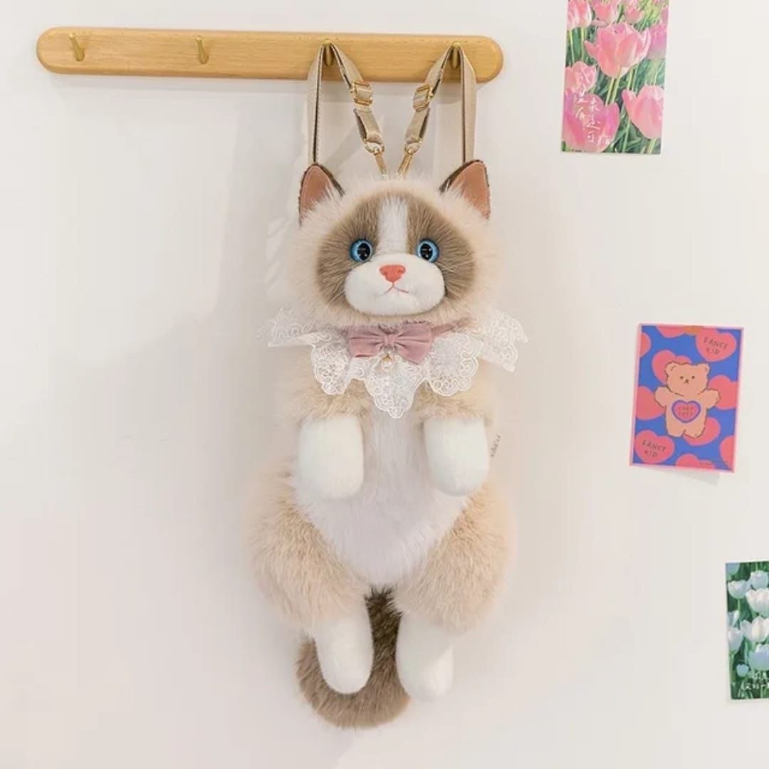 Soft Furry Stuffed Animal Shoulder Bag-Realistic Cute Cat Plush Backpack for Girls and Kids