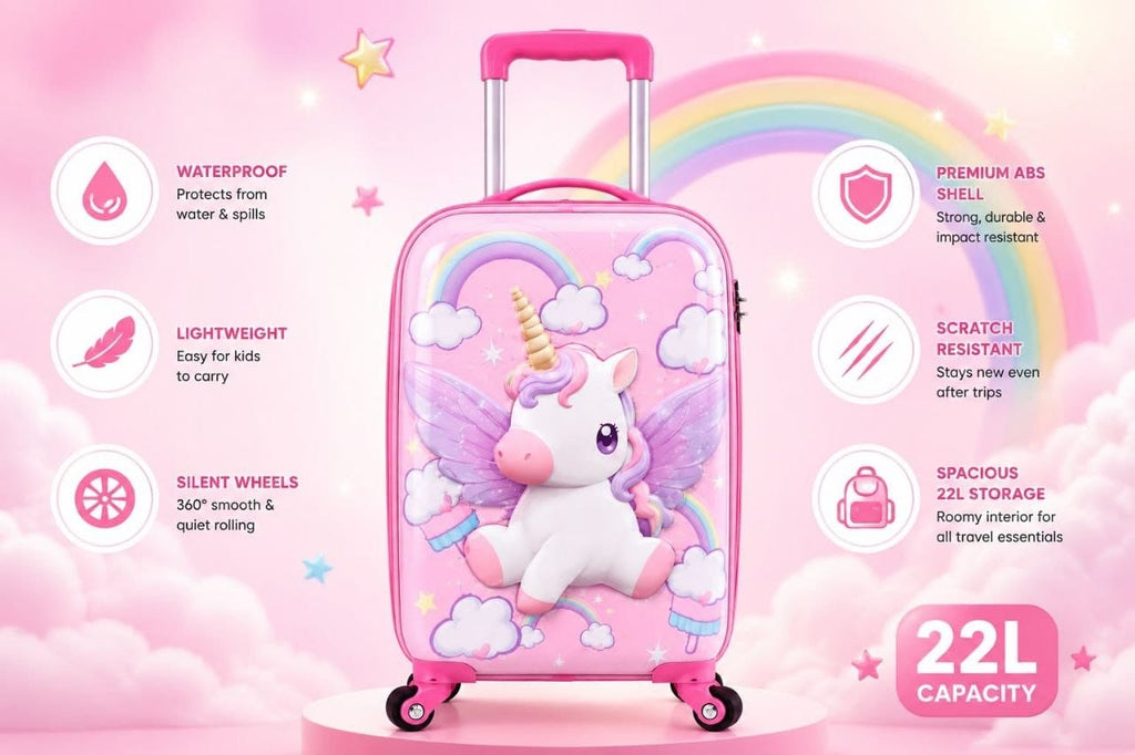 Premium Kids 3D Rainbow Unicorn Trolley Bag | 22L Hardshell Cabin Suitcase with 360° Spinner Wheels for Girls & Boys (48 cm, Pink)
