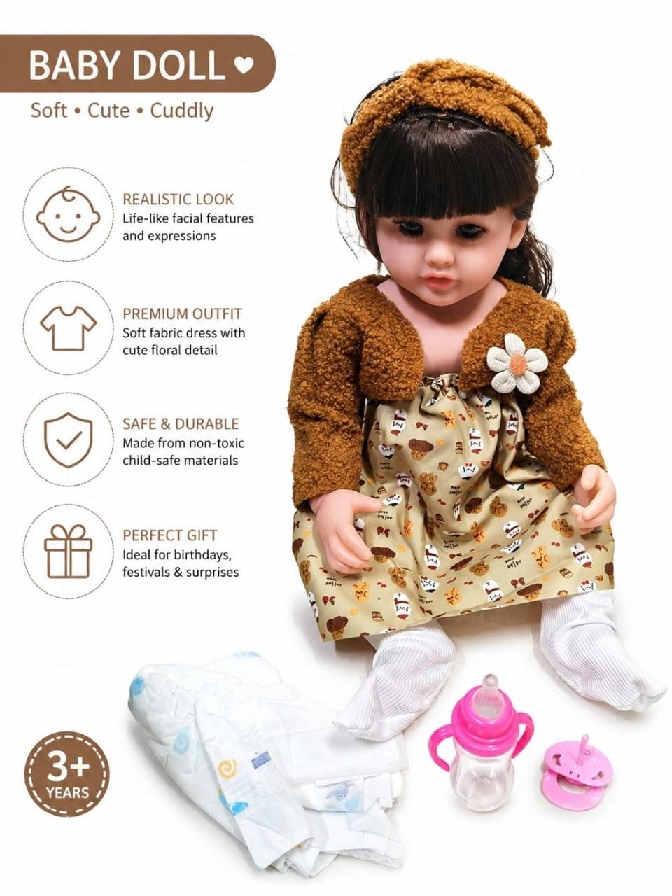 Premium Realistic Reborn Baby Doll Set with Accessories | 38 cm Life-Like Soft Cuddly Play Doll with Feeding Bottle, Pacifier & Diaper for Kids Girls (Ages 3+ Years)