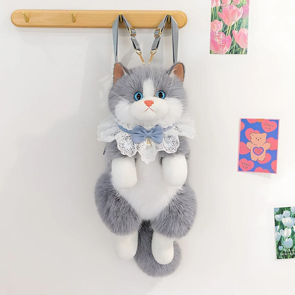 Soft Furry Stuffed Animal Shoulder Bag-Realistic Cute Cat Plush Backpack for Girls and Kids
