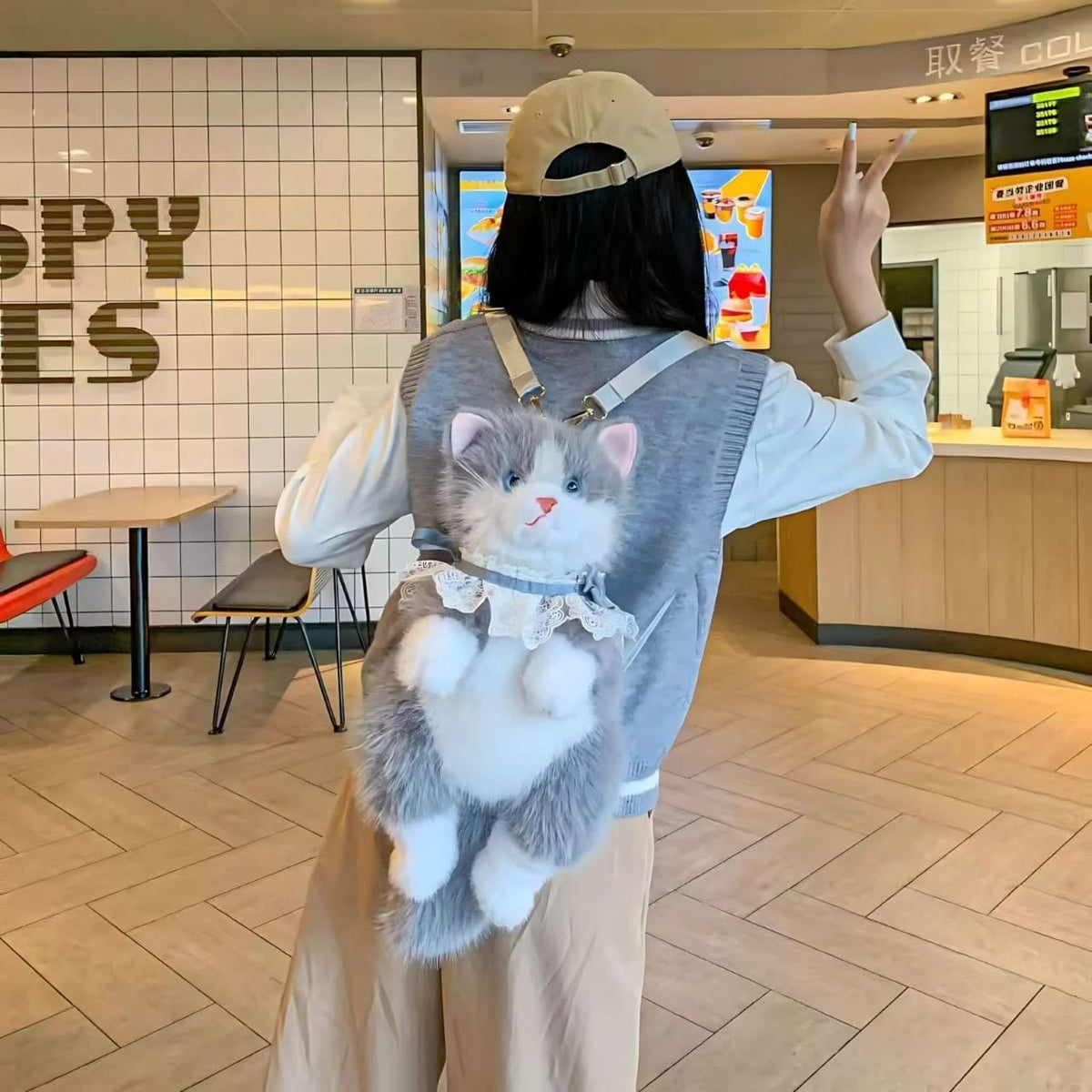 Soft Furry Stuffed Animal Shoulder Bag-Realistic Cute Cat Plush Backpack for Girls and Kids