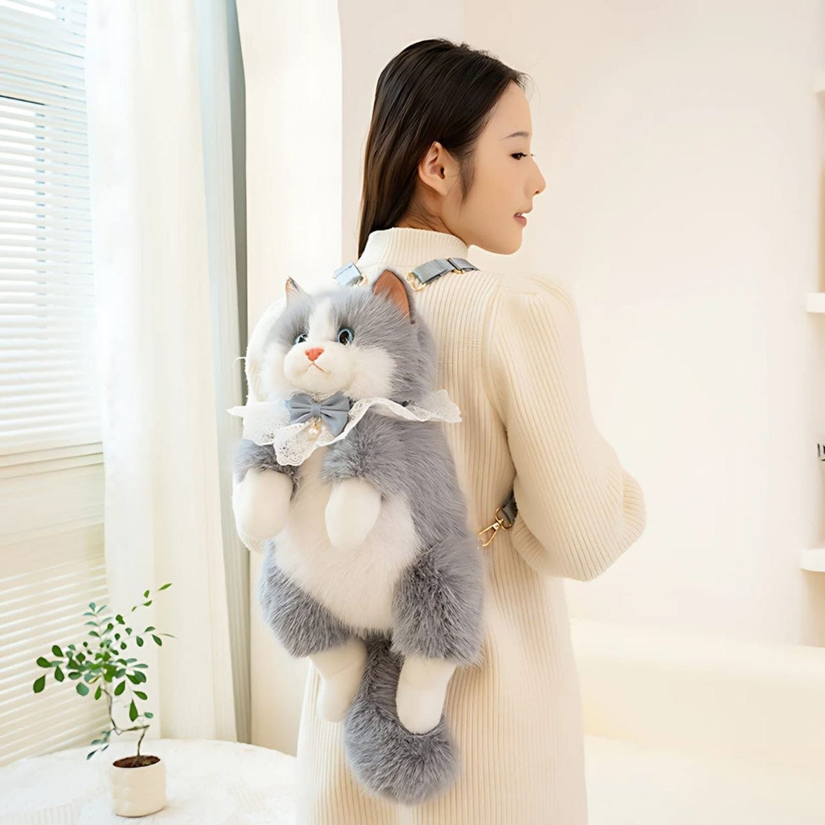 Soft Furry Stuffed Animal Shoulder Bag-Realistic Cute Cat Plush Backpack for Girls and Kids