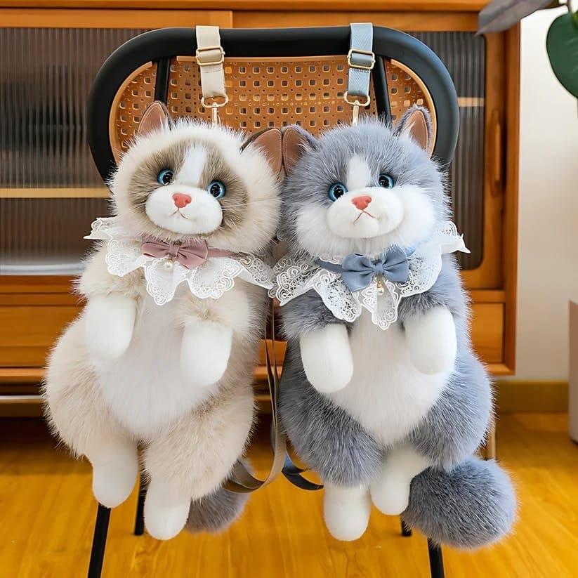 Soft Furry Stuffed Animal Shoulder Bag-Realistic Cute Cat Plush Backpack for Girls and Kids