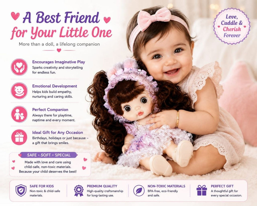 Premium Realistic Cute Baby Girl Doll with Soft Hat & Colorful Dress | Washable Non-Toxic Soft Toy Play Doll Figures for Kids (Ages 3+ Years)