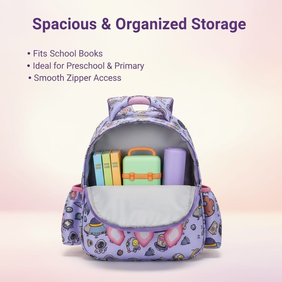 Premium Kids Space Astronaut School Bag | Waterproof Lightweight Backpack with Spacious Compartments for Playgroup, Nursery, Preschool & Primary Boys & Girls (Purple)