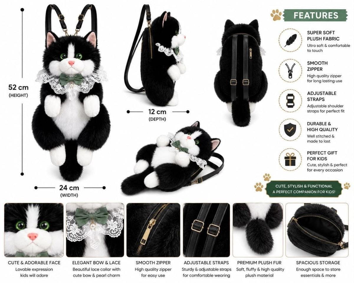 Realistic Cute Cat Plush Backpack for Girls and Kids - Soft Furry Stuffed Animal Shoulder Bag