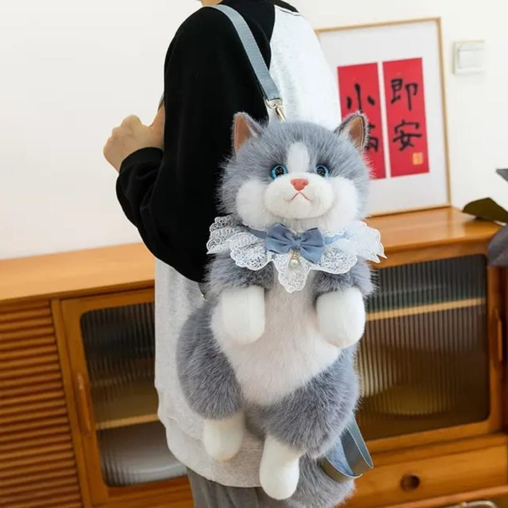 Realistic Cute Cat Plush Backpack for Girls and Kids - Soft Furry Stuffed Animal Shoulder Bag