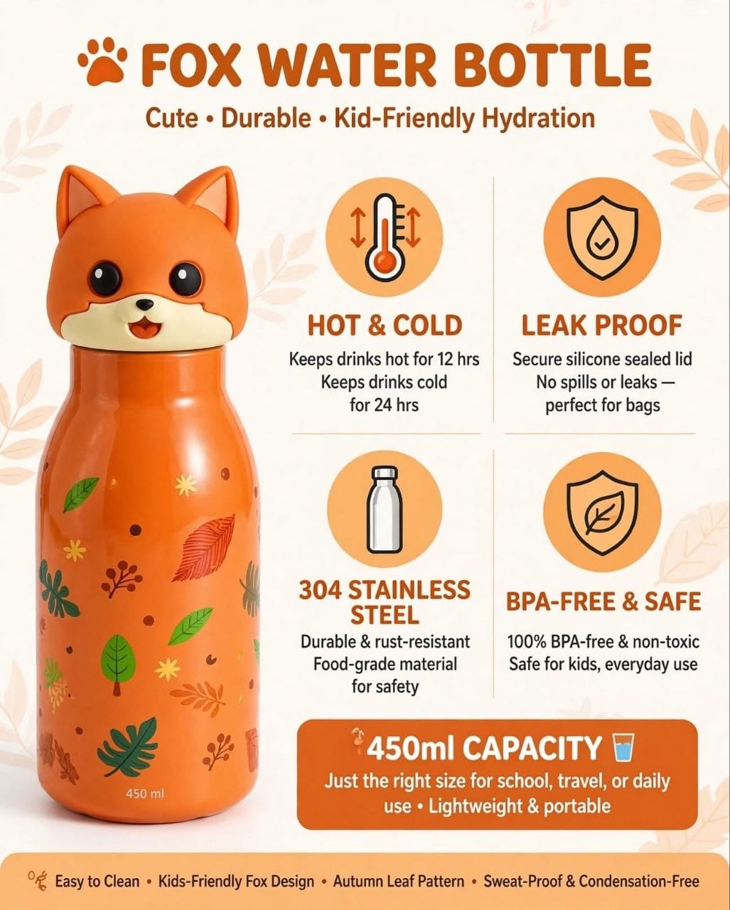 Cute Cartoon Face Stainless Steel Water Bottle | Insulated Hot & Cold Thermos Flask for Kids & School
