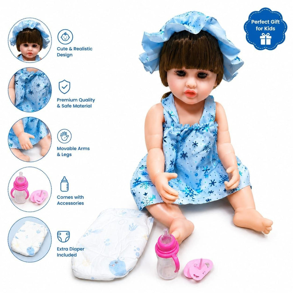 Premium Realistic Cute Baby Girl Doll with Soft Hat & Colorful Dress | Washable Non-Toxic Soft Toy Play Doll Figures for Kids (Ages 3+ Years)