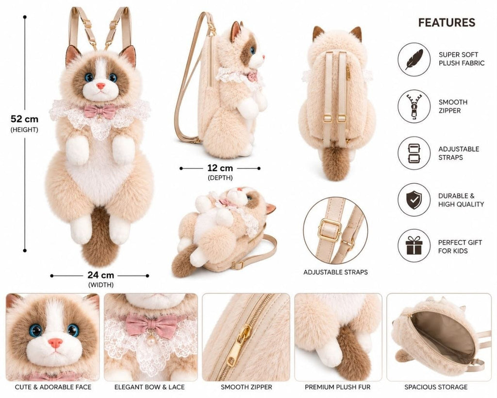 Soft Furry Stuffed Animal Shoulder Bag-Realistic Cute Cat Plush Backpack for Girls and Kids