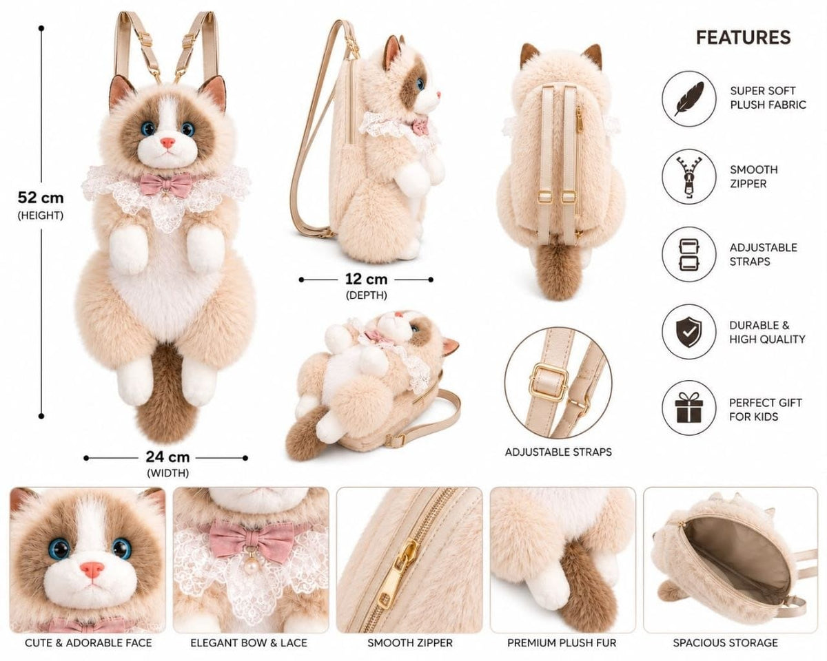 Soft Furry Stuffed Animal Shoulder Bag-Realistic Cute Cat Plush Backpack for Girls and Kids