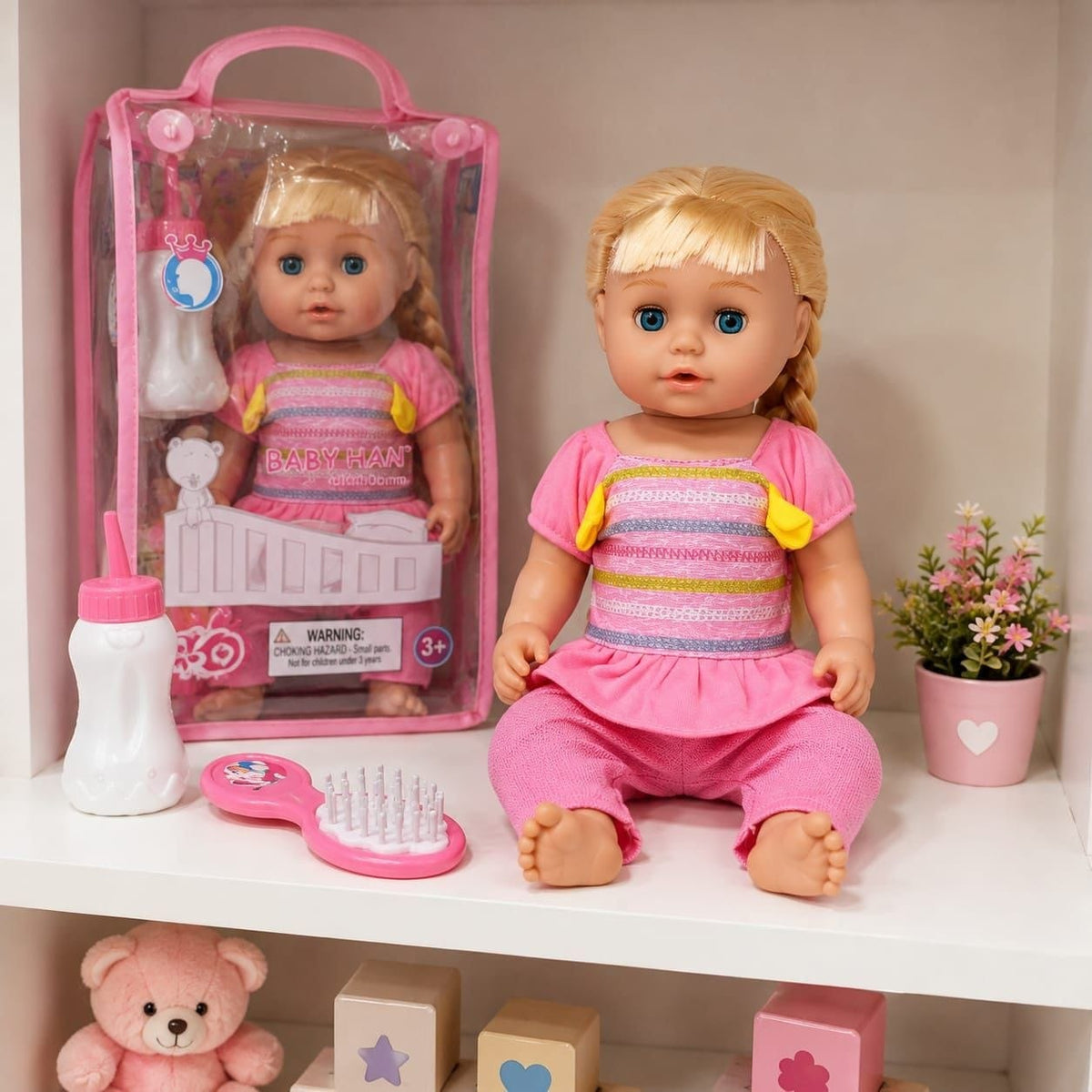 Premium Realistic Baby Doll Toy Set for Girls – Cute Soft Styling Doll with Long Braided Hair, Feeding Bottle, and Hair Brush Accessories (30 cm)