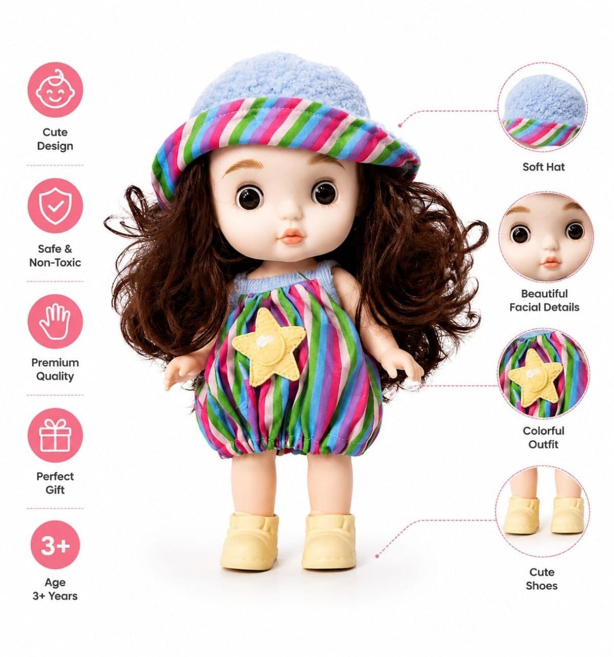 Premium Realistic Cute Baby Girl Doll with Soft Hat & Colorful Dress | Washable Non-Toxic Soft Toy Play Doll Figures for Kids (Ages 3+ Years)