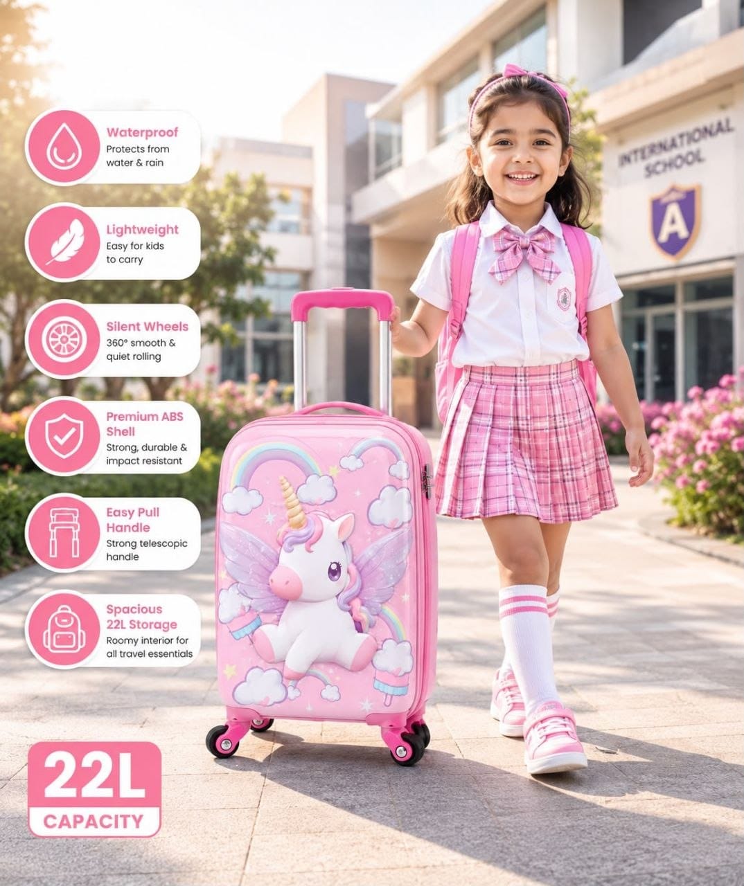 Premium Kids 3D Rainbow Unicorn Trolley Bag | 22L Hardshell Cabin Suitcase with 360° Spinner Wheels for Girls & Boys (48 cm, Pink)